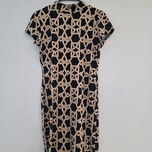 Chic Black and Tan Patterned Midi Dress